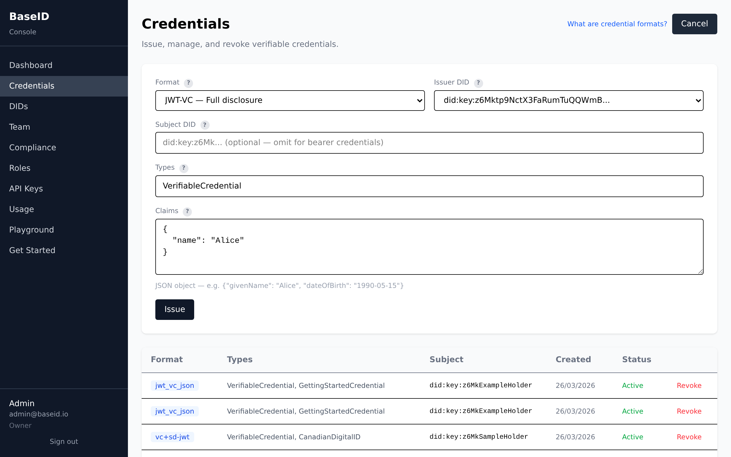 Issue credential form